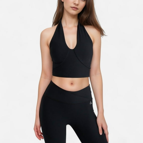 Women's Ribbed Halter Crop Tank Top with Deep V Neckline Seam Detailing - Black, Small