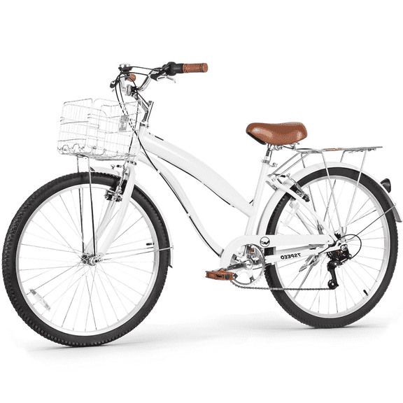 hykolity 26 inch Cruiser Bike Beach Bicycle City Bike Commuter Cycling 7 Speed for Adult Women Height 60-72 inch Front Basket Rear Rack Pale White