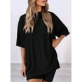thumbnail image 4 of Women's two-piece casual suit summer casual loose shirt cycling shorts match airport travel wear Black L, 4 of 7