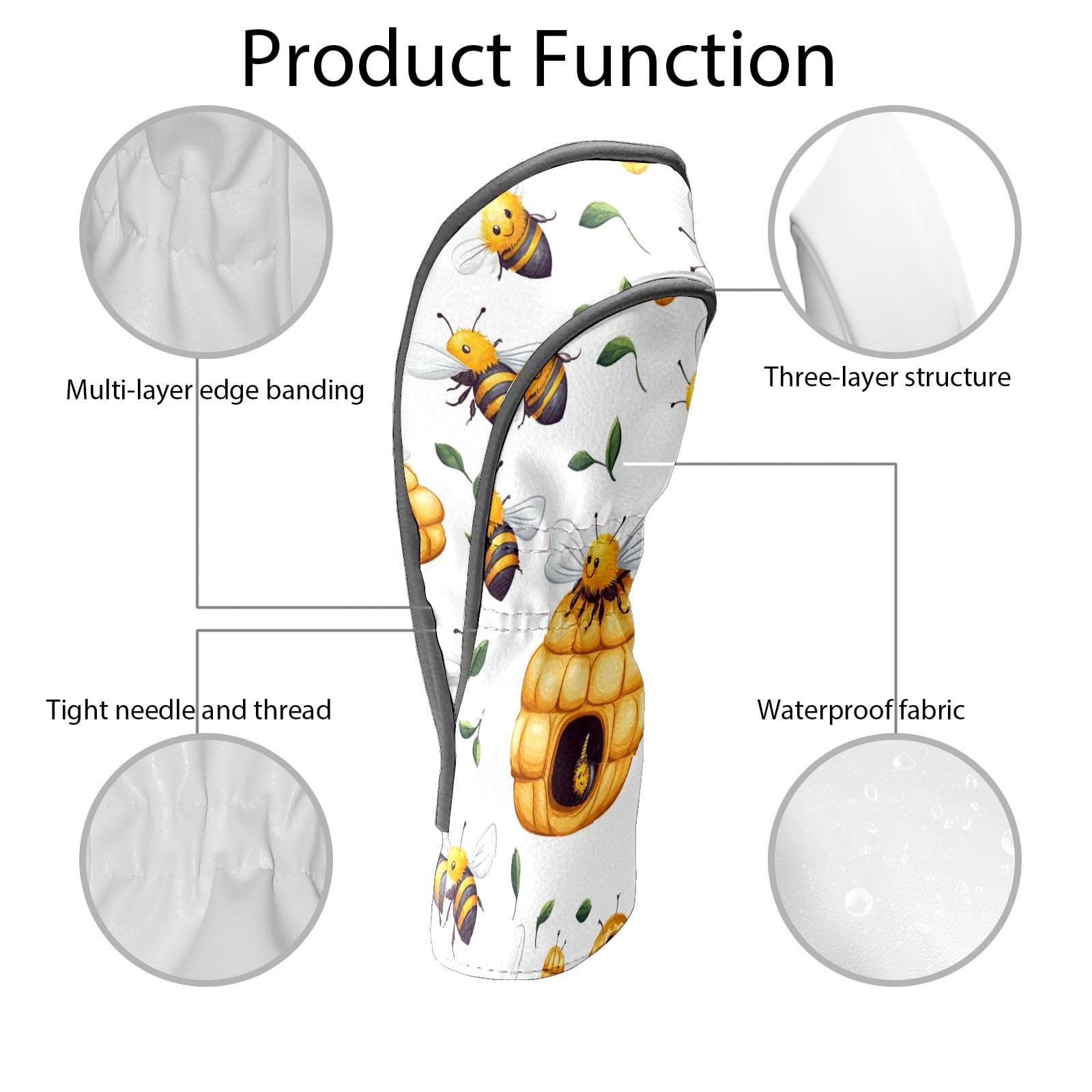 Golf Head Covers Bee Nesting Design for Driver, Wood & Hybrid, Premium Waterproof PU Leather with Plush Lining, Nature Inspired Golf Gifts
