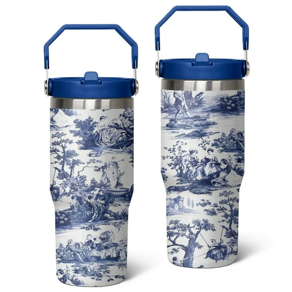 30oz Boho Style Stainless Steel Tumbler with Top Handle,Farmhouse Vintage Travel Coffee Mug Flip Straw Cup,Gifts for Women Girls Men Adults(blue)