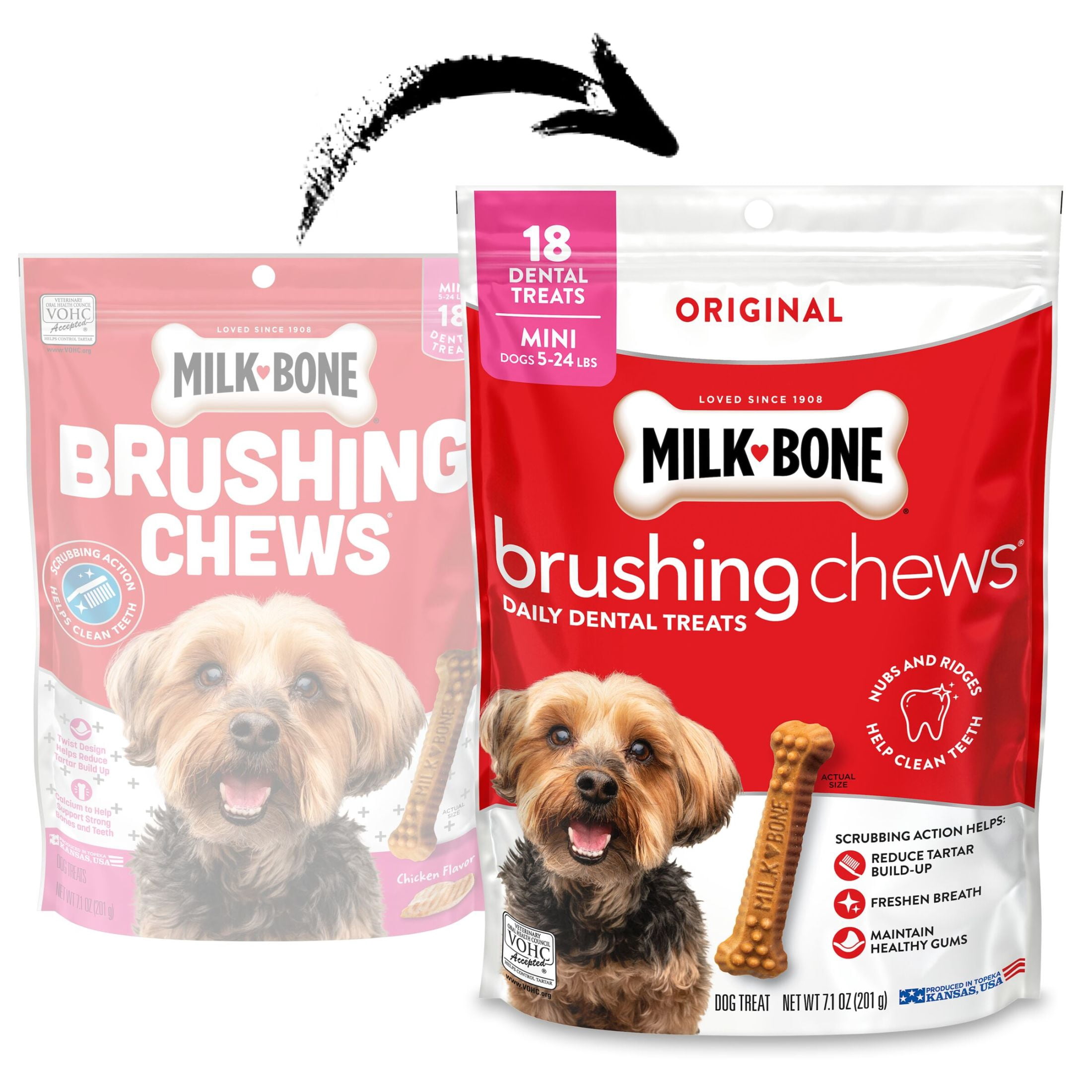 (4 pack) Milk Bone Brushing Chews Original Chicken Flavor Daily Dental Dog Treats, Mini, 7.1 oz Bag