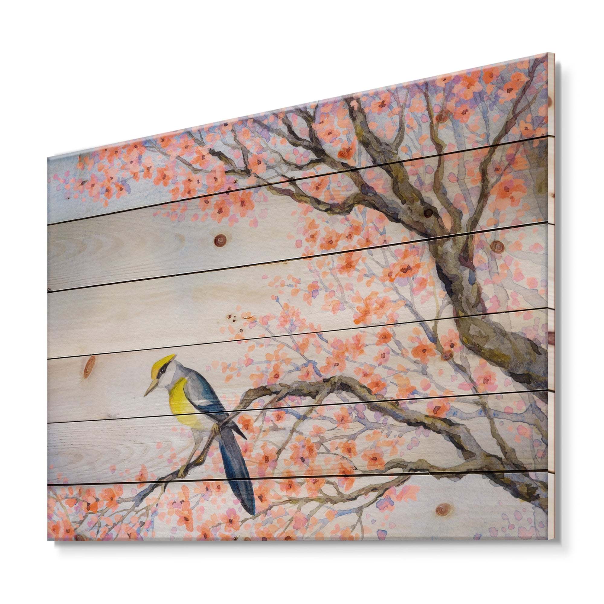 Designart 'Beautiful Blue Bird Sitting On Flowering Branch I' Traditional Print on Natural Pine Wood