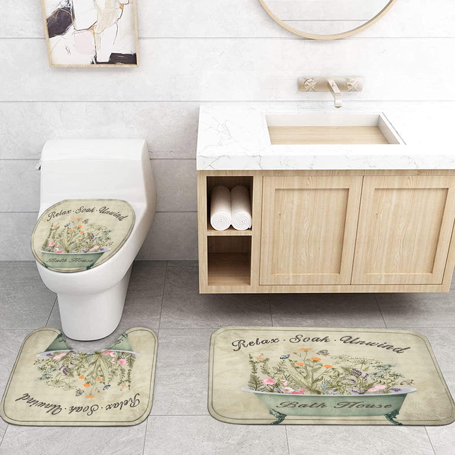4 Pcs Floral Shower Curtain Flowers Leaves Bathroom Sets with Shower Curtain and Rugs Vintage Farmhouse Bathroom Decor Country Bathtub on Rustic Wood Backdrop Bathroom Rugs Mat Toilet Lid Cover