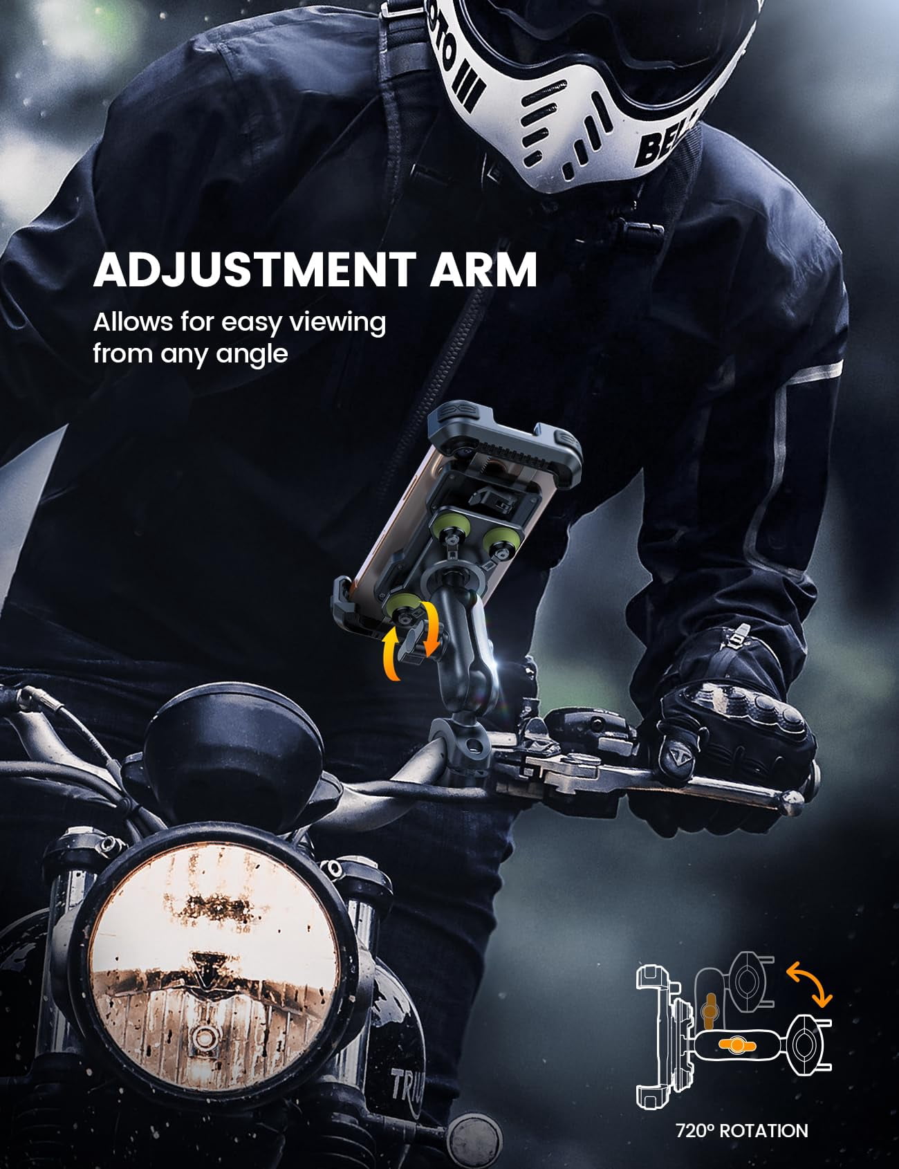 Motorcycle Phone Mount Holder - [Dual Vibration Dampener] [Metal Adjustment Arm] Motorcycle Cell Phone Holder, Bike Handlebar Phone Mount, Gifts for iPhone 16 15 14 Pro Max, 4.7-6.7" Phones