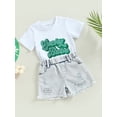 thumbnail image 4 of Toddler Baby St. Patrick's Day Clothes Girl Boy Green Letters Cotton T-Shirt Tops Denim Ripped Shorts Outfit 0-4T (White,12-18 Months), 4 of 7
