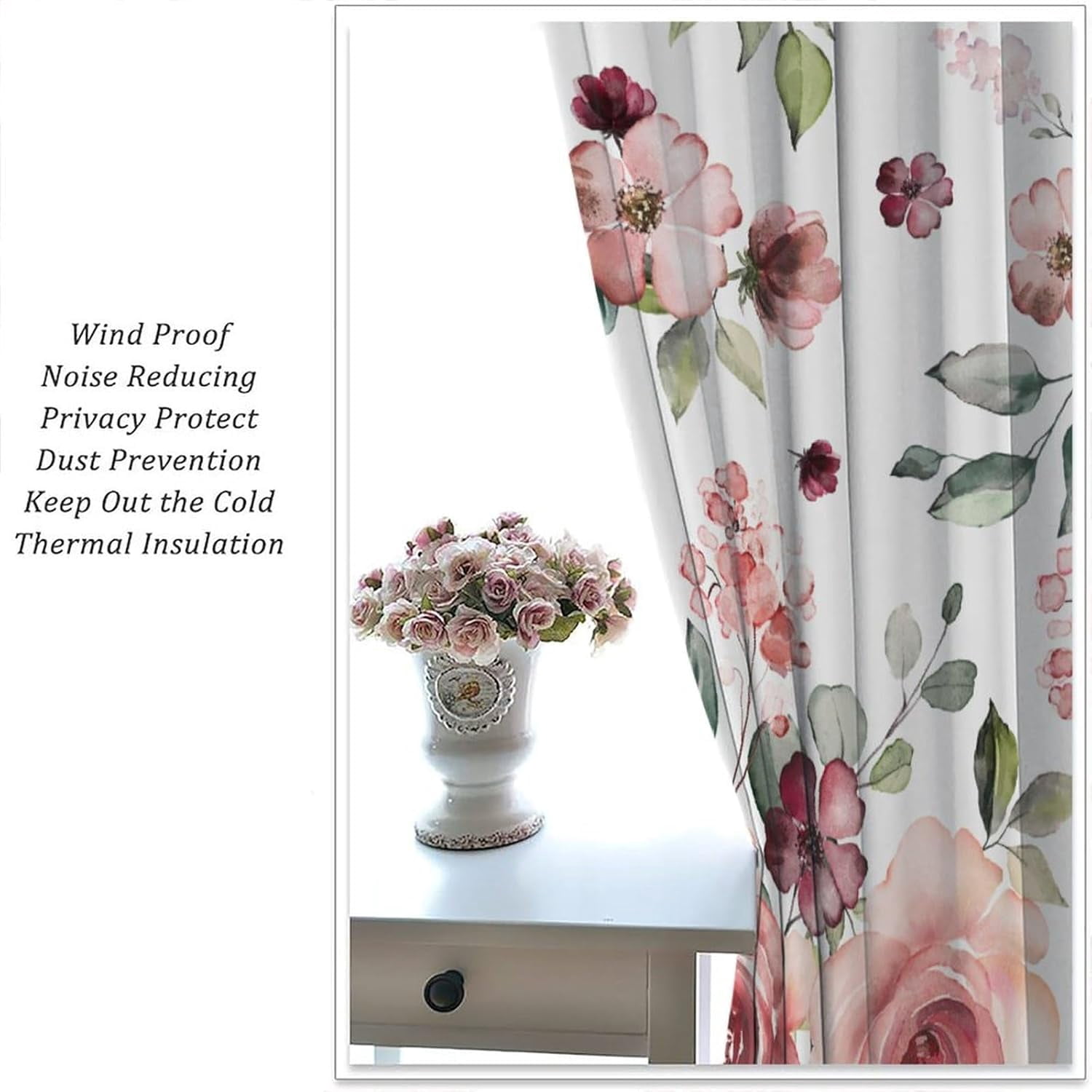 Pink Floral Curtains Rustic Watercolor Flower Leaves Natural Pattern Blackout Print Rod Pocket Window Drapes for Bedroom Living Room 42x63in