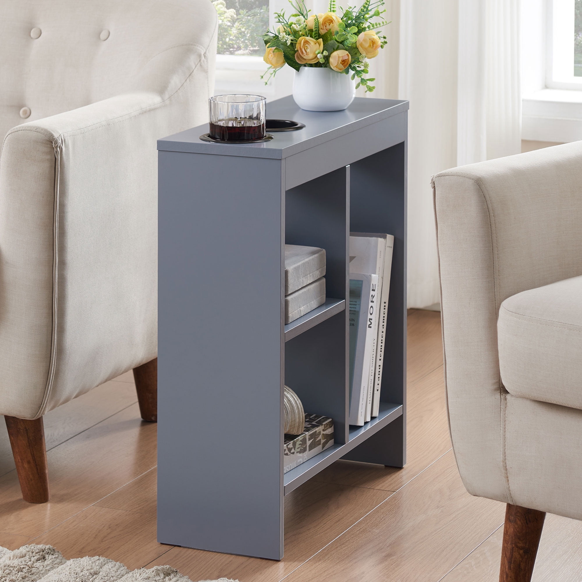 Kings Brand Furniture Narrow Side End Table with Drink Holders & Storage Shelves, Slim Sofa Table with Magazine Holder for Living Room, Bedroom, or Office – Gray