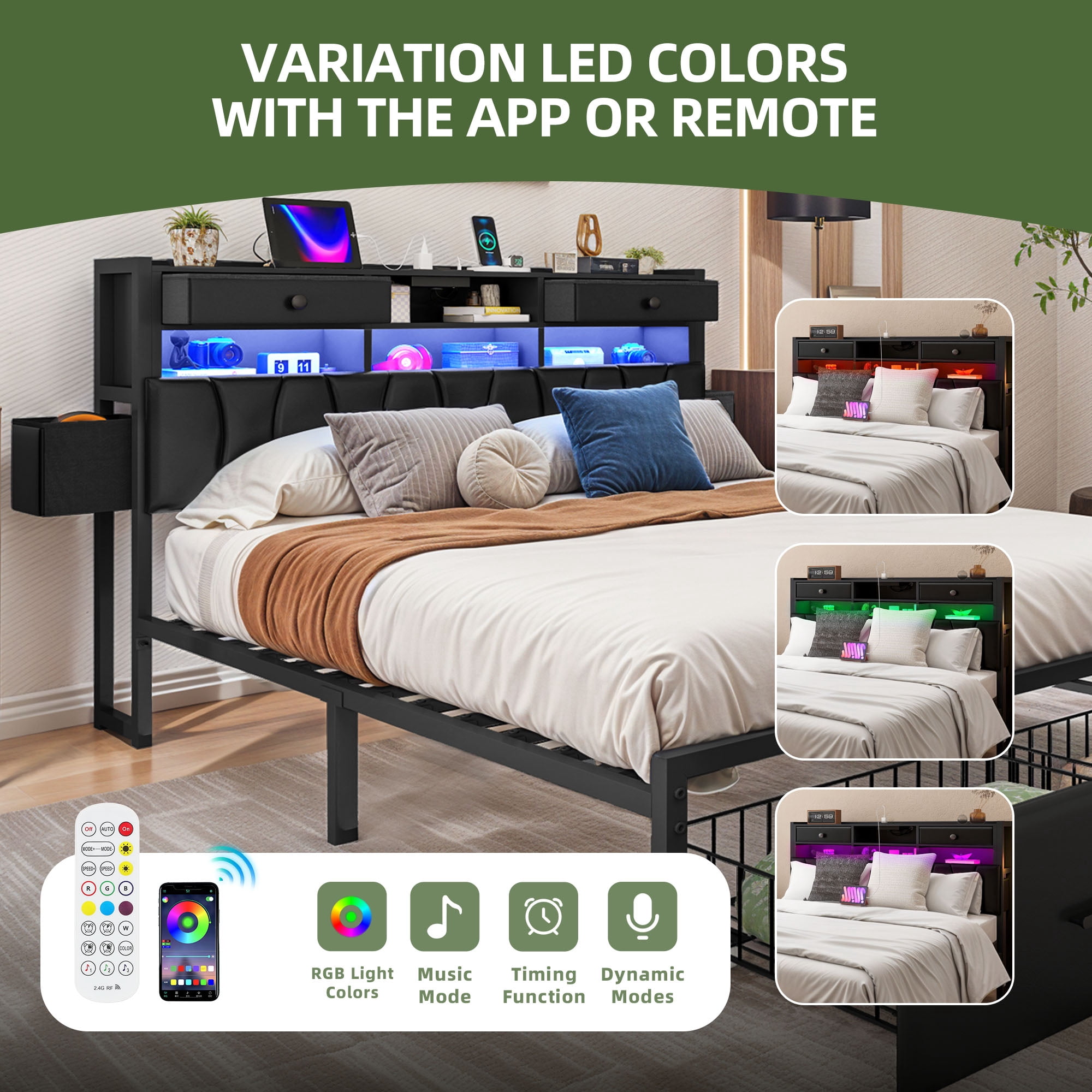 Uforic King Size PU Leather Platform Bed Frame with 3-Tier Storage Headboard 2 Underbed Rolling Drawers & Side Storage Boxes, No Box Spring Required, Black