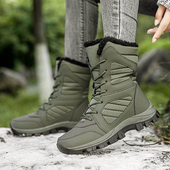 XIMIN Womens Fur Lined Snow Boots Mid-Calf Booties Waterproof Deep Tread Rubber Sole Platform Anti-Slip Lace Up Cold Weather Winter Warm Outdoor Trekking Work Boot