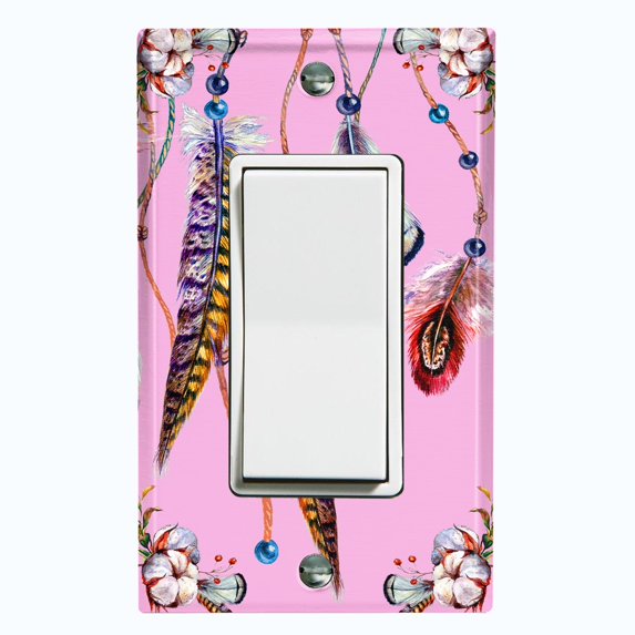Metal Light Switch Plate Cover Beaded Feather Flower Strings Pink DRM012