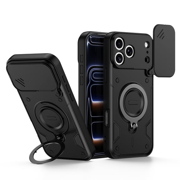 For iPhone 16 Case, Military Grade Heavy Duty Shockproof Cover with Slide Camera Lens Protection 360° Rotatable Ring Magnetic Kickstand, Rugged PC & TPU Dual Layer Bumper,Black