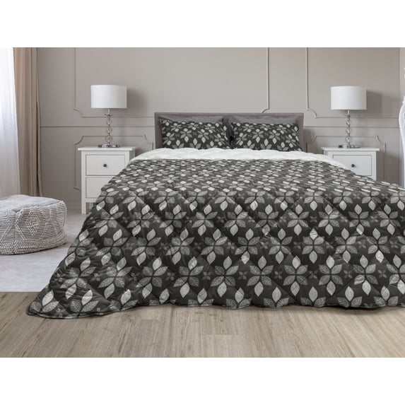 Botany Comforter & Sham Bedding Set, Leaves Forming Mother Nature Floral Forest Foliage Meadow Woods Concept, 3 pcs Duvet Set Microfiber Filling Quilt, 5 Sizes, Grey and Pale Grey, by Ambesonne