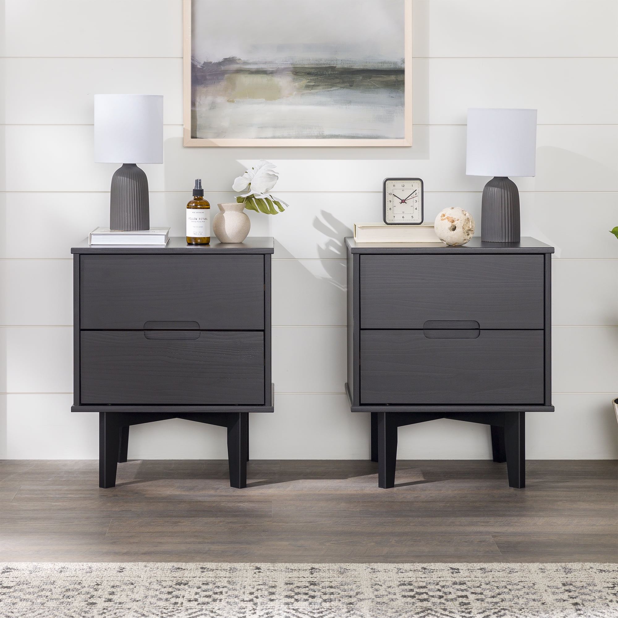 Walker Edison Set of 2 Mid-Century Modern 2-Drawer Nightstands, Black