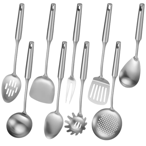 9PCS Stainless Steel Cooking Utensils, Kitchen Serving Utensil with Long Handle & Hanging Hole, Skimmer, Ladle, Spatula, Slotted Spoon, Pasta Server, Meat Fork, Dishwasher Safe