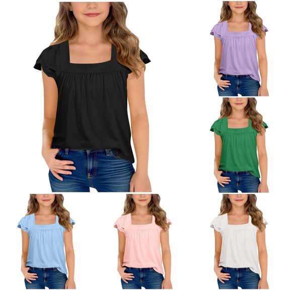 WAYUTE Girls Shirts Ruched Lace Ruffle Square Neck Flutter Sleeve Design Casual Summer Top Solid Color Tee for Big Kids,Black,Size 11 Y-12 Y