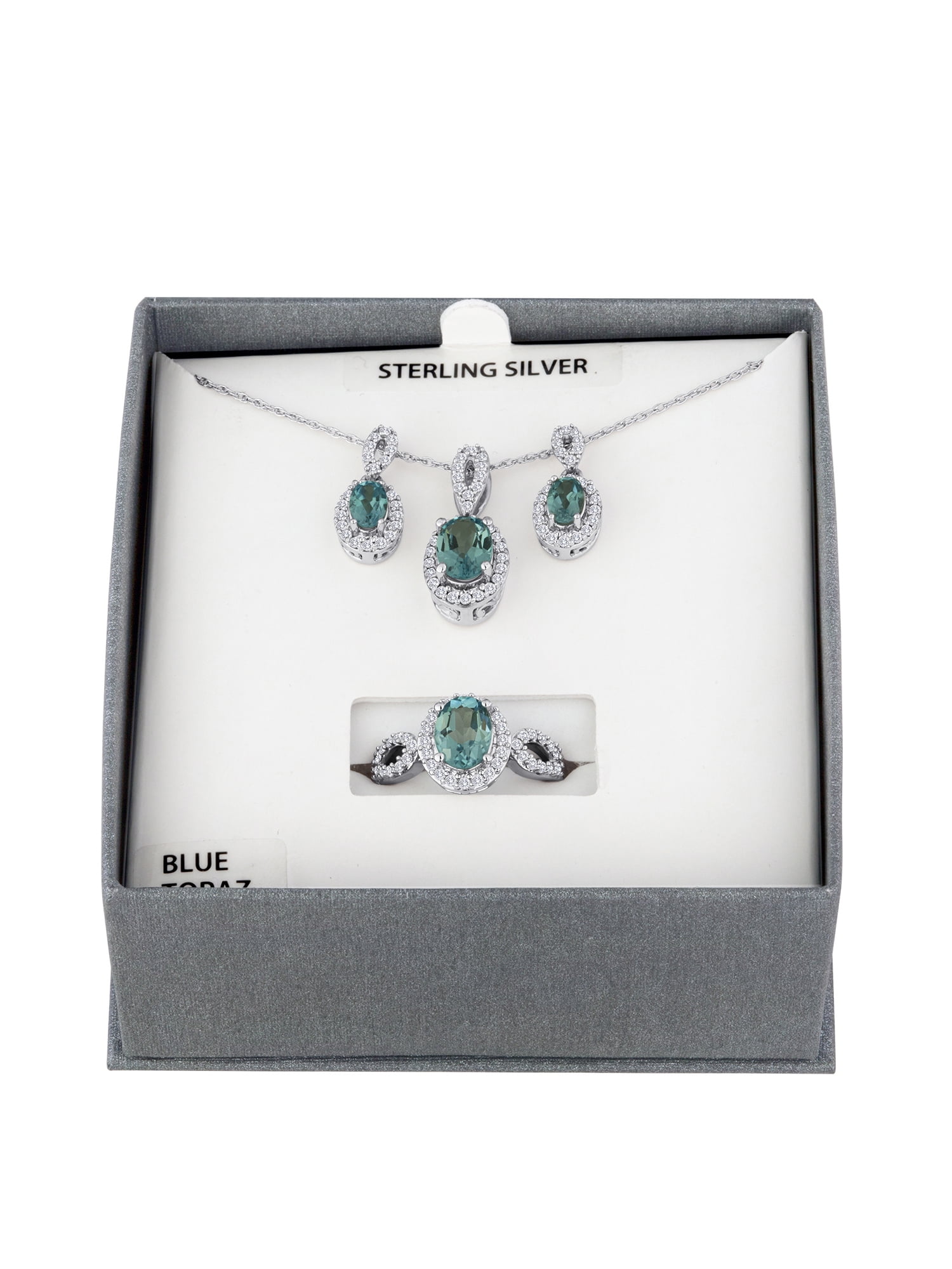 Ladies Brilliance Fine Jewelry Women's Blue Topaz Sterling Silver Earring, Ring and Pendant Set, 18"