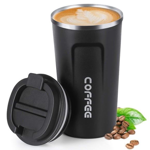 17oz (510ml) Vacuum Insulated Travel Mug, Smilatte Leakproof Double Wall Stainless Steel Reusable Coffee Cup with Lid for Hot & Cold Drinks, Matte Texture Black