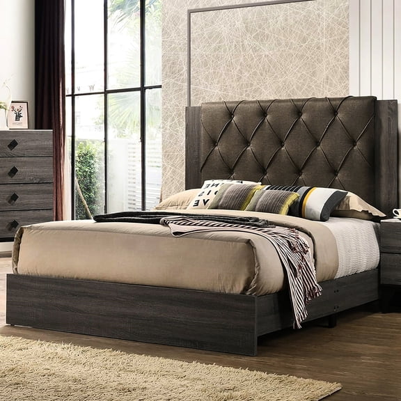 Queen Size Bed, Headboard, Gray, Rubberwood Bedroom Furniture Contemporary Frame