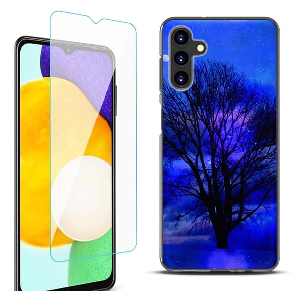 Slim-Fit Protective Fashion Phone Case (Black) for Samsung Galaxy A13 5G, with Tempered Glass Screen Protector, by OneToughShield ® - Night Tree