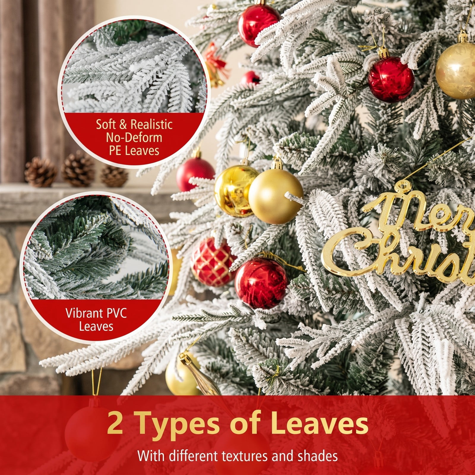 RUIE 6 Feet Pre-Lit Snow Flocked Artificial Christmas Tree with 250 Warm White LED Lights, Hinged Xmas Pine Tree with Foldable Metal Stand for Indoor, Green & White