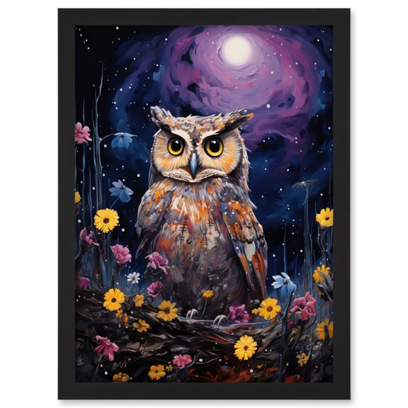 Great Horned Owl Portrait with Lavender Full Moon Oil Painting Spring Night in Countryside Flower Meadow Artwork Framed Wall Art Print A4