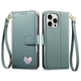 thumbnail image 2 of For IPhone 12 Pro Max Leather Phone Case Wallet Heart-shaped Zipper Pocket Pouch Folio Flip Cover Kickstand, Multi Anti-theft Multi-Card Holder Cash Slot, Double Magnetic Buckle, Wrist Lanyard,green, 2 of 8