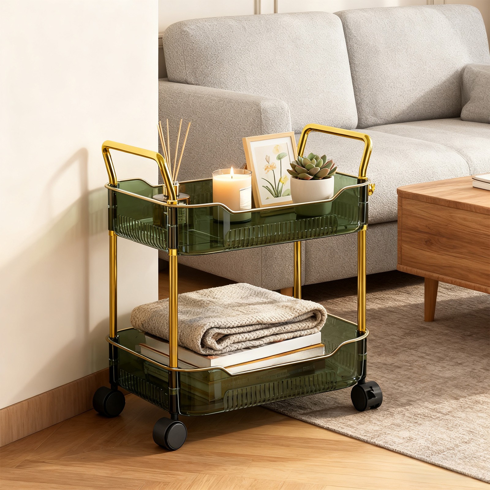 HOZVOMI Two Tier Transparent Rolling Cart with Locking Wheels - Multifunctional Storage Trolley for Kitchen, Office, and Bedroom - Easy Assembly, 10in Height
