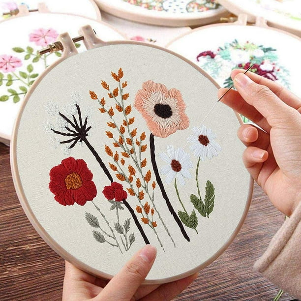 Embroidery Starter Kit for Beginners Stamped Cross Stitch Kits with Cute Flowers and Plants Patterns with Embroidery Hoops and Color Threads for