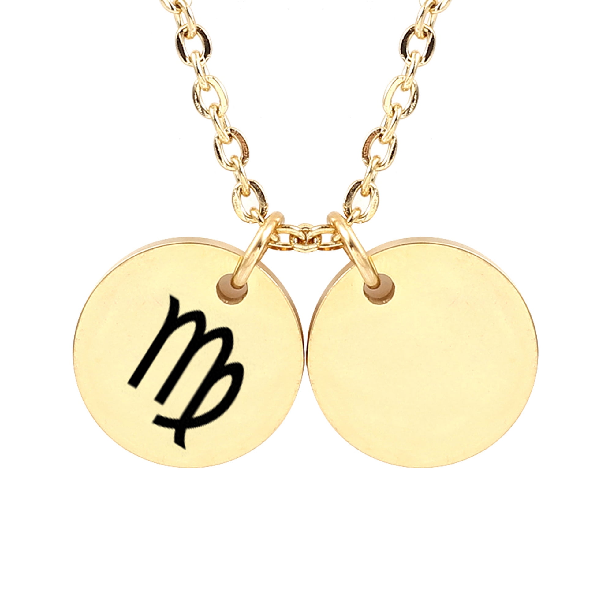 Personalized Round Constellation Initial Necklace - Engraved Zodiac Symbol Jewelry - Christmas Gift for Her - Stainless Steel - 18" Chain - Gold Virgo