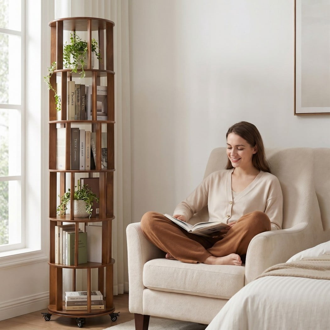 6-Tier Rotating Bookshelf, Solid Wood Spinning Bookcase Tower with Locking Wheels, 360° Display Round Bookshelf for Small Spaces, Walnut