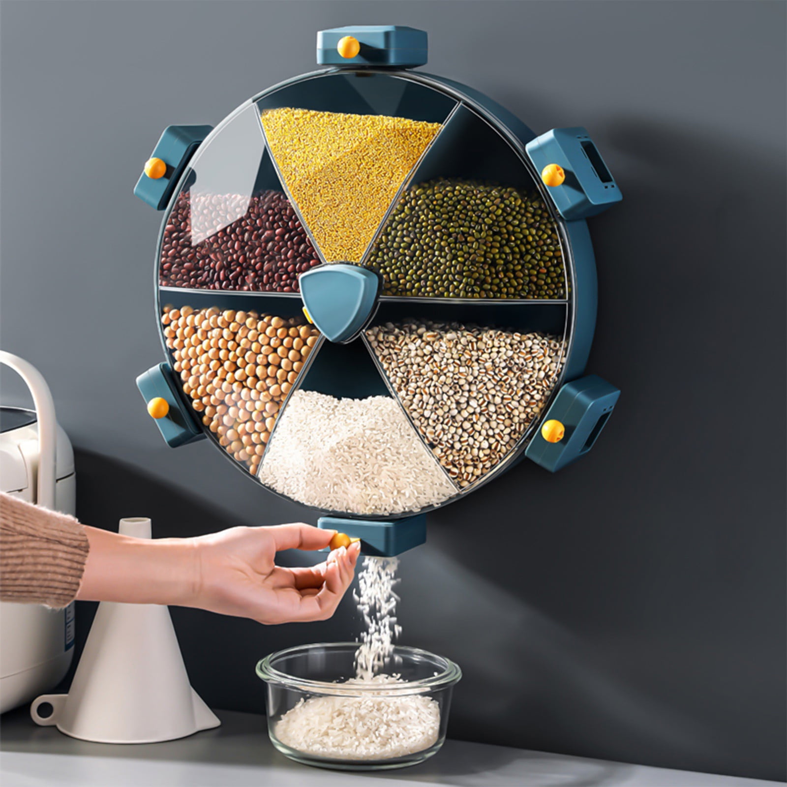RnemiTeamo Rice Container Rice Dispenser 6 Grids Grain Dispenser Rotating Grain Storage Box
