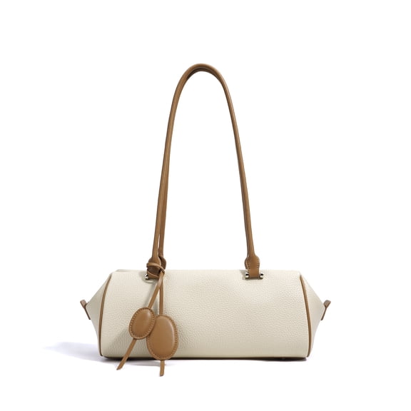 Genuine Cowhide Women Shoulder Bag, White Leather Underarm Bag, Barrel Style Tote