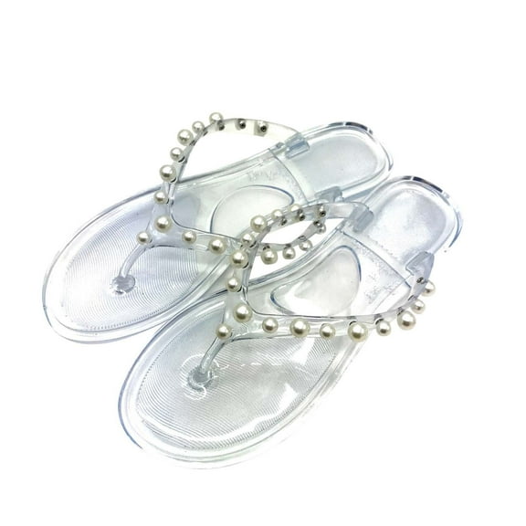 JeashCHAT Sandals for Women, Slide Sandals Women's Summer Fashion Herringbone Pearl Slippers Flip Flops Flat Shoes (Clear)