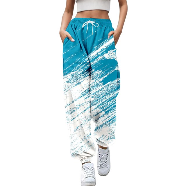 Gibobby pantalones con forro polar mujer Pantalón deportivo sanitario con cintura con estampado floral y elástico largo para mujer (Azul, M)