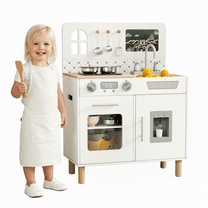 TLSUNNY Wooden Play Kitchen with Interactive Chalkboard, Real Lights & Sounds, Sink & 6 Cookware Complete Pretend Set for Kids