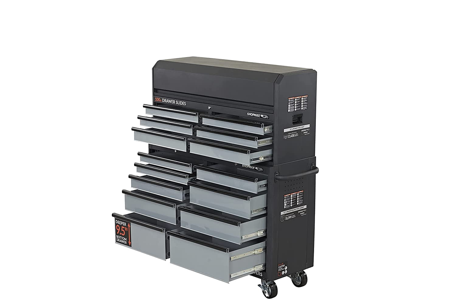 SHOPMAX, 100 lb, 52" Steel 15-Drawer Tool Chest and Rolling Cabinet Black