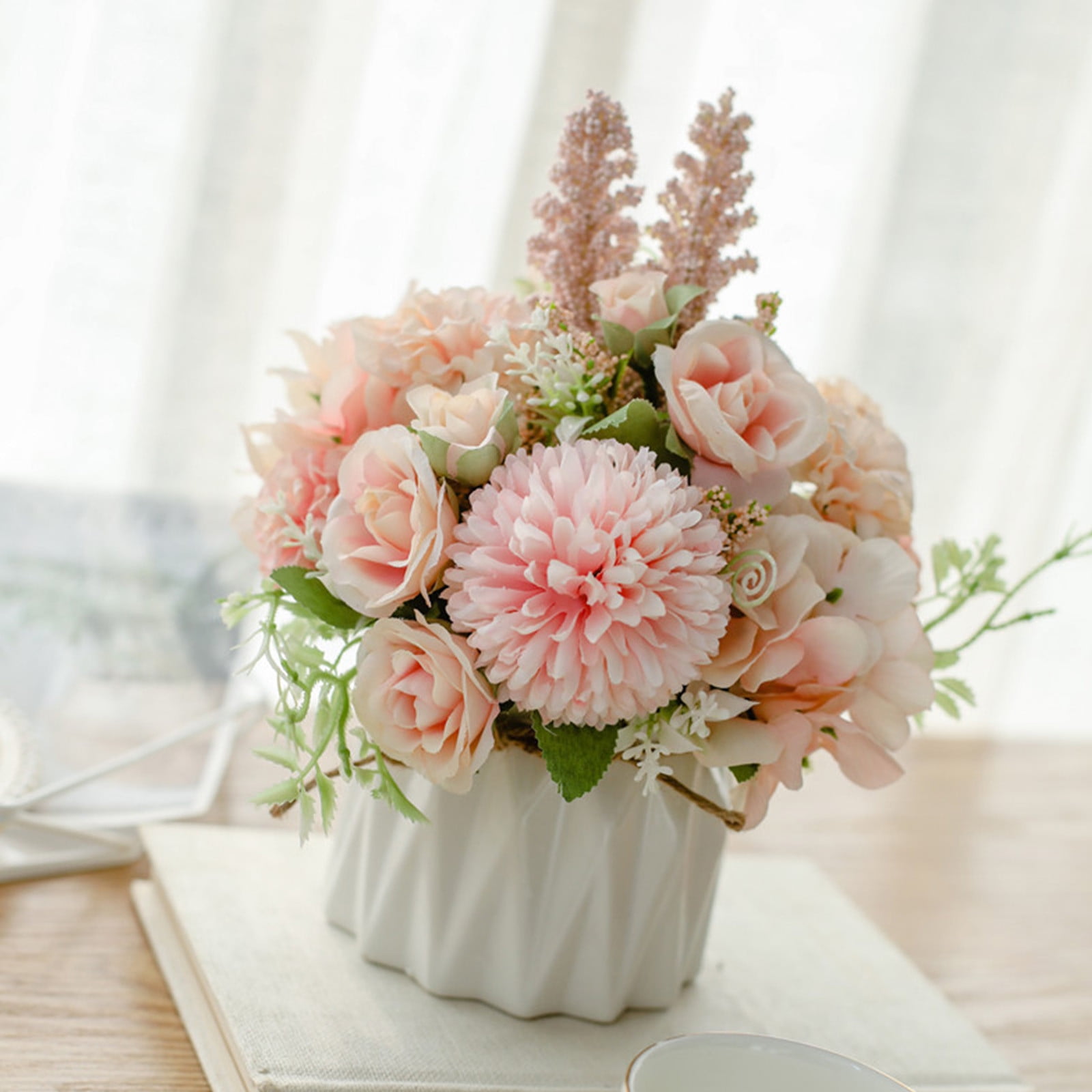 Specollect Clearance 5Pcs Artificial Bouquet with Small Ceramic Vase, Variety Flower Balls Flowers Decoration, Fake Silk Variety Flower Balls Flowers Decoration for Table Home Party Office Wedding