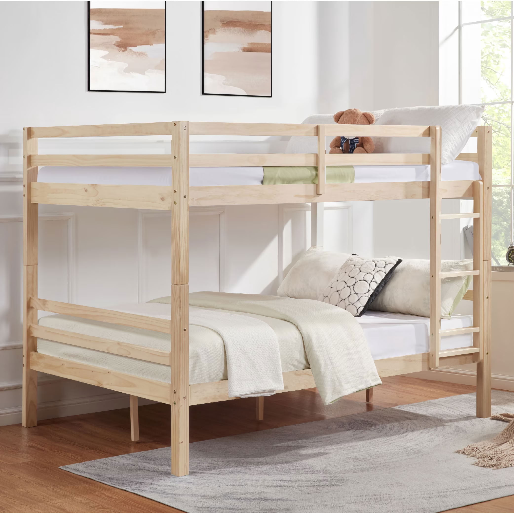 MAYEERTY Full over Full Bunk Bed with Thick Posts, Solid Wood Bed Frame with High Guardrail and Ladder, for Kids Teens Dorm Rooms, No Box Spring Needed