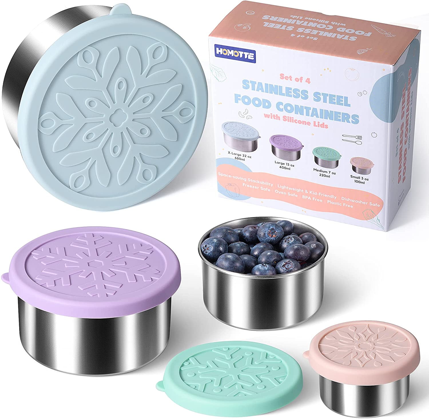 Homotte Stainless Steel Containers with Lids, Stackable Snack Containers for Toddlers, 18/8