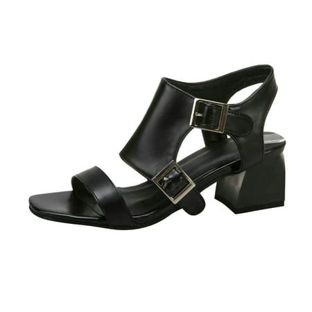 

LIANGP Women s Sandals Ladies Fashion Solid Color Belt Buckle Open Toe Chunky Heel Casual Sandals Women s Shoes Black Size 8.5