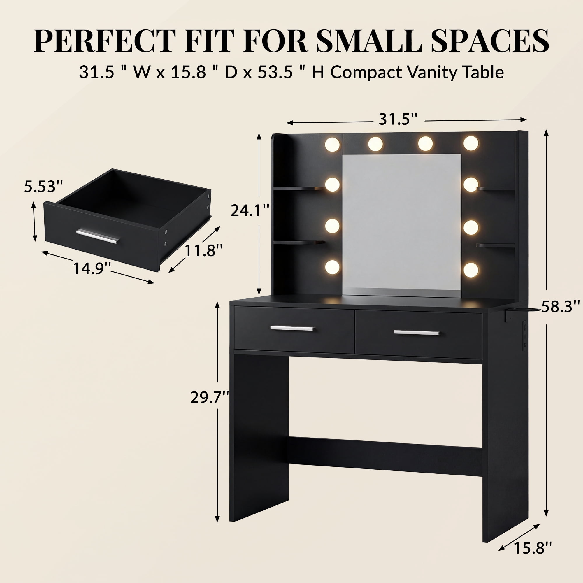 Homall Makeup Vanity Set with Mirror & 3 Modes Lights, Vanity Desk with Storage Drawers & Shelves, Vanity Table with Power Outlet for Bedroom Dressing Room, Black