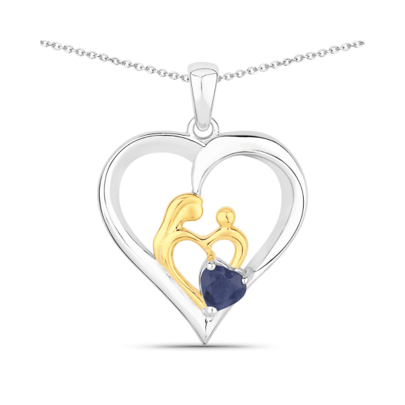 Fine Color Jewels Blue Sapphire Mom Pendant Necklace Sterling Silver Two Tone Plated 0.50 Ct Heart Shape Cable Chain Women’s