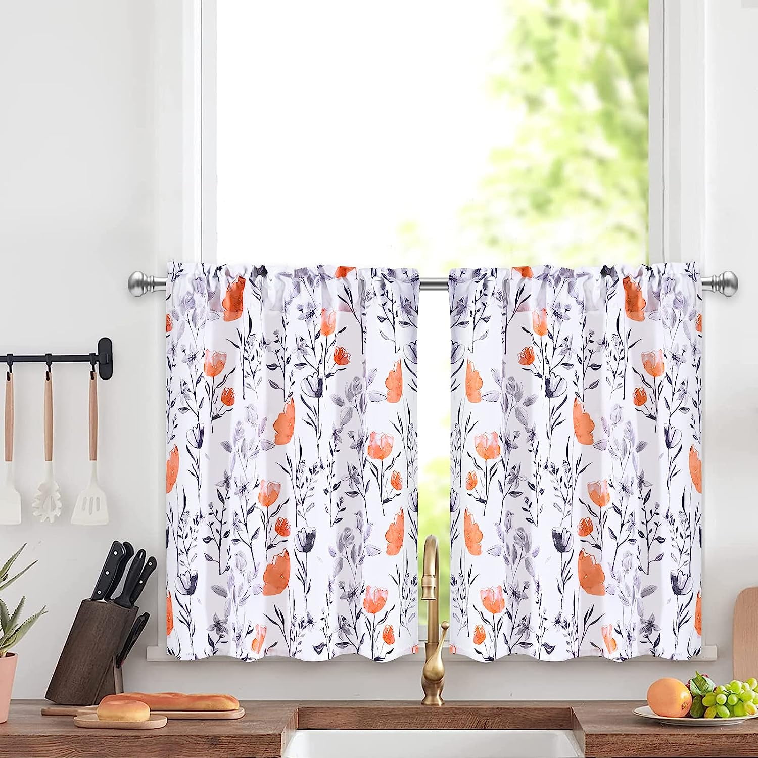 Alishomtll Kitchen Curtains Orange Floral Watercolor Print Tier
