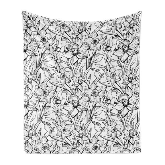 Modern Floral Soft Flannel Fleece Blanket, Highly Detailed Hand Drawn Like Daffodil Flowers Monochrome Sketch, Cozy Plush for Indoor and Outdoor Use, 70" x 90", White and Pale Taupe, by Ambesonne