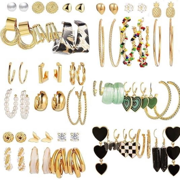 34 Pairs Hoop Earrings Set for Women, Fashion Drop Dangle Earring Packs Hearts Earrings Multi-pack Hypoallergenic Earrings for Valentine's Day Gifts