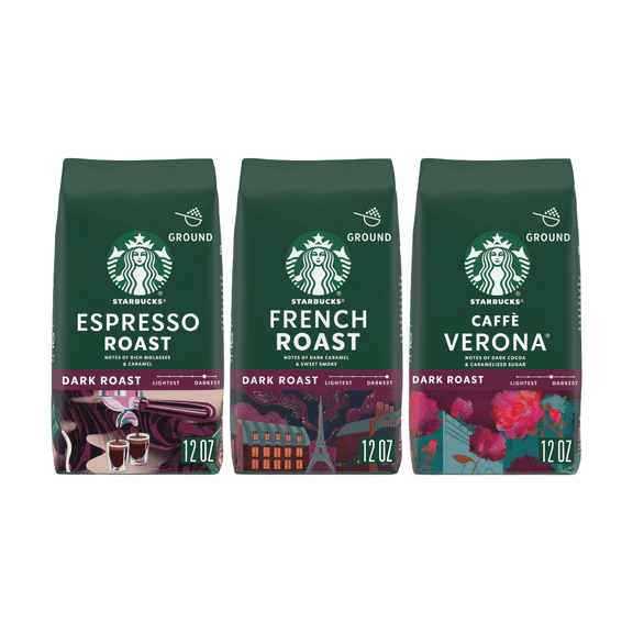 Starbucks Dark Roast Ground Coffee, Variety Pack, French Roast, Caffe Verona, Espresso Roast, 36 oz