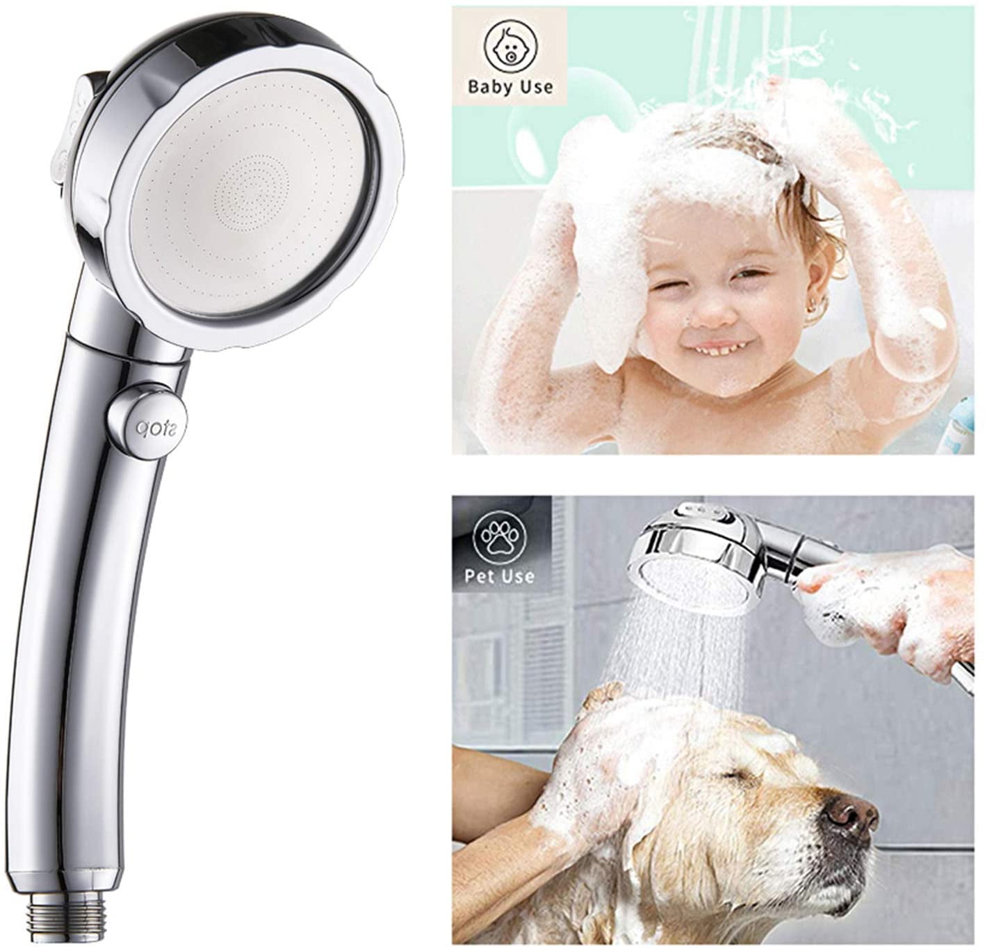 Chrome High Pressure Handheld Shower Head with ON/OFF Pause Switch, 3 Spray Modes Shower Wand with Shut Off Button, Removable Camper Shower Head with Hose and Adjustable Angle Bracket