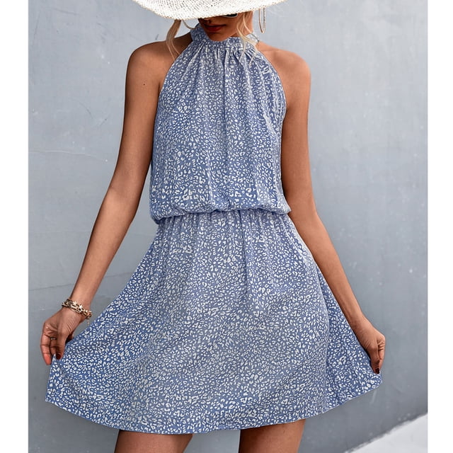 Vestido corto con cuello Halter y lazo en la espalda, vestido elegante de verano con estampado Floral y cintura elástica para citas