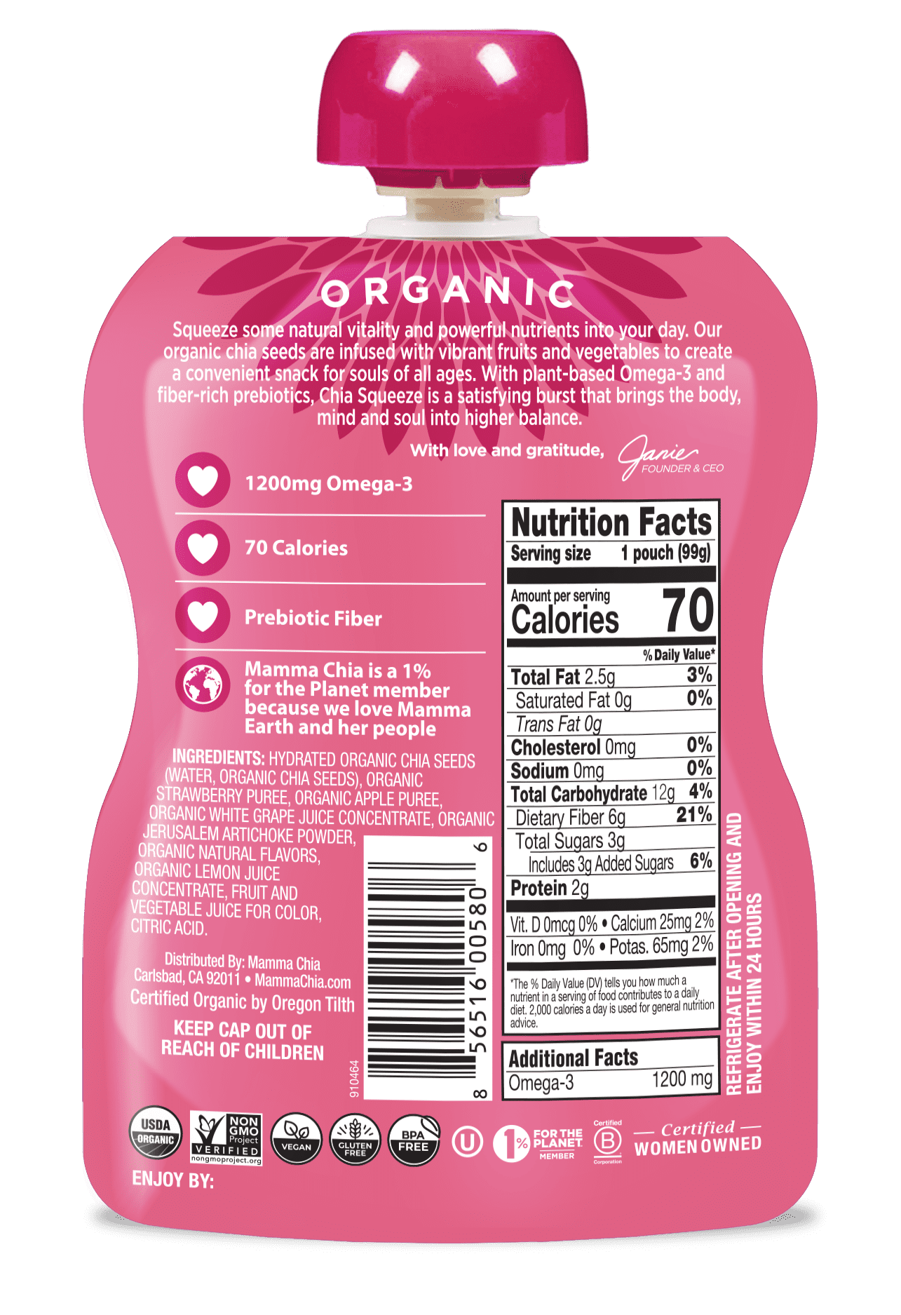 Mamma Chia Organic, Strawberry Lemonade Chia Prebiotic Squeeze, 3.5 oz, 24 Count Pouches 6 Boxes of 4